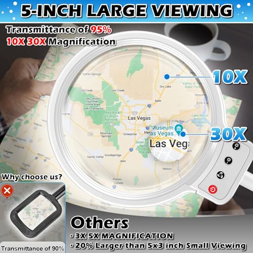 30X 10X Large Floor Magnifying Glass with Light and Stand - color: White