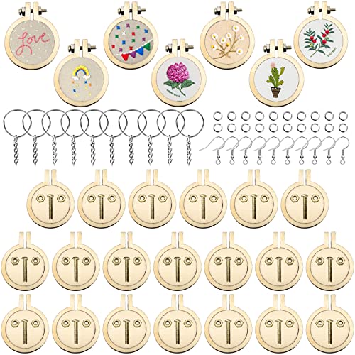 ZOCONE 20 Packs Mini Embroidery Hoops, Small Ring Tiny Embroidery Hoops with Keychain Earring Hooks Jump Rings, Round Wood Hoops for DIY Embroidery Necklace Jewelry Pendant and Keychain - style: 20 Pack Round Hoops+Accessories