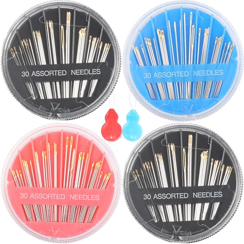 Eketirry 120pcs Premium Hand Sewing Needles，4 Pack 30-Count Assorted Needles for Sewing Repair, 6 Different Sizes Sewing Needles with 2 Threaders (Blue& Black& Pink) - style: Black&Pink&Blue
