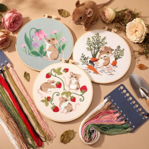 Mindsoft 3 Set Needlepoint Kit for Beginners with Hoop,Garden Mouse - style: Garden Mouse