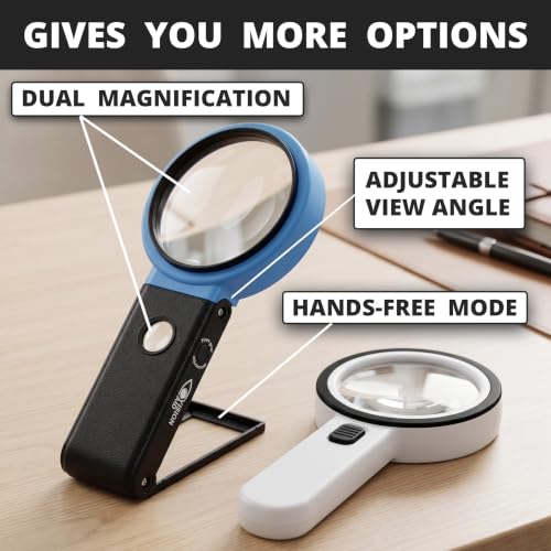 VisionAid 30X 10X Hands-Free Magnifying Glass with Stand, LED Lights, Loupe Handheld Illuminated Magnifier for Low Vision Seniors Reading - size: 4 inches