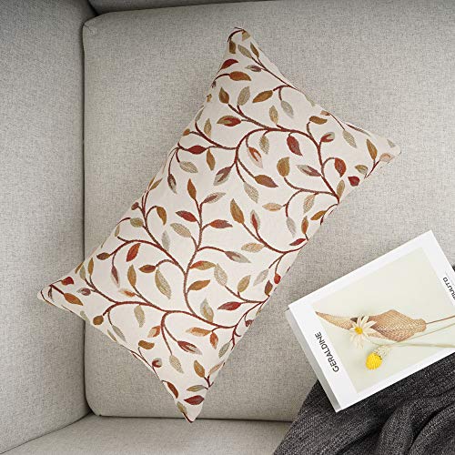 YOUR SMILE Farmhouse Oblong Rectangle Floral Chenille Embroidery Decorative Throw Pillow Case Cushion Cover Lumbar Pillowcase for Sofa 12 x 20 Inch, Brown Leaves - size: 20" x 12" (Pack of 1)