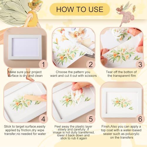 BBTO 12 Sheets Rub on Transfers for Crafts Wood Furniture DIY, 5.5" x 5.7" - style: Flower Fairy