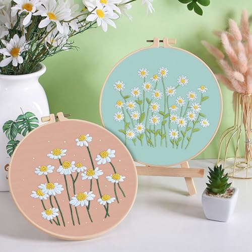 ERKOON 4 Set Embroidery Kit for Beginners, Cross Stitch Set Include Embroidery Cloth Hoops Threads for Craft Lover Hand Stitch with Embroidery Skill Techniques (Daisy) - color: Daisy
