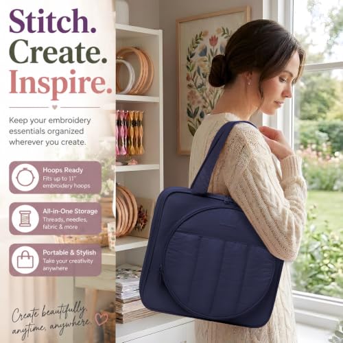 MYBAGZING Embroidery Bag Organizer,Cross Stitch Project Bag w/Hoop Storage - color: Navy
