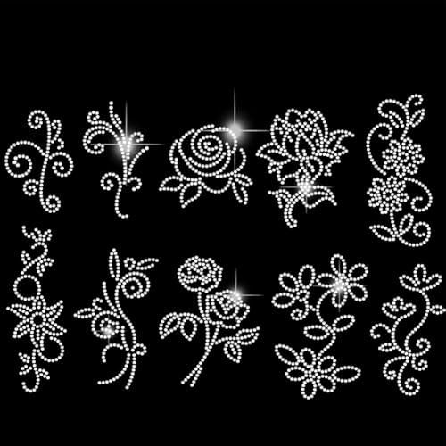 SUPERDANT 10 Pcs Floral Iron On Rhinestones Patches for DIY Clothing