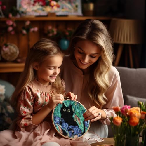 4 Pack Black Cat Stamped Cross Stitch Kits for Adults Beginners with Frame - color: 4 Pack Cross Stitch Kits20x20in-1
