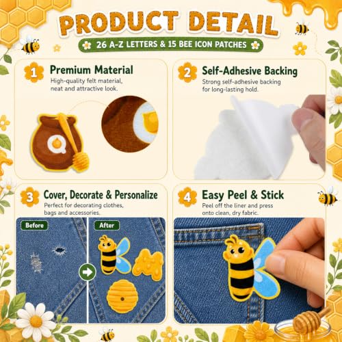Cinrobiye 38 Pcs Bee Patches Self Adhesive Honey Bee Honeycomb Sunflower A to Z Alphabet Applique Preppy Cute Bee Themed Chenille Letter Patches Stick on for Clothing Hats Bags Fabric DIY Crafts - style: Bee