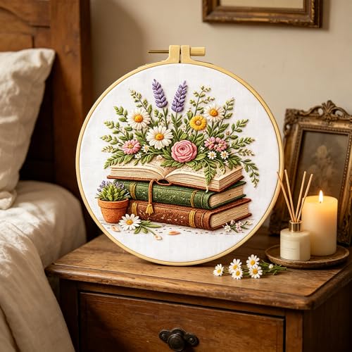 Qvthpv Embroidery Kit for Beginners, Stamped Floral Book Bouquet - color: Flower books