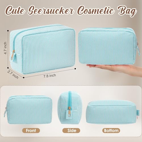 Sanwuta 10 Pcs Seersucker Cosmetic Bag Seersucker Makeup Bag Women Stripe Large Travel Toiletry Organizer Preppy Storage Pouch for Embroidery Wedding Bridesmaid Bride Mom (Mint Green) - color: Mint Green