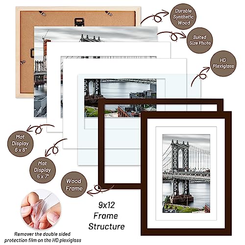 9x12 Picture Frames Solid Wood Display Pictures 6x8 or 5x7 with Mat, 9x12 Frame without Mat for Wall Mounting or Table Top (Brown) - color: Brown, size: 9x12 inch