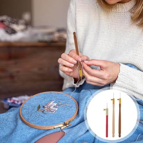 3 Pcs Embroidery Crochet Hook Kit - Wood Handle French Drum Hooks with 9 Needles Tambour Hook Latch Beaded Needle for Embroidery, Sequin Beading, Knitting, DIY Sewing