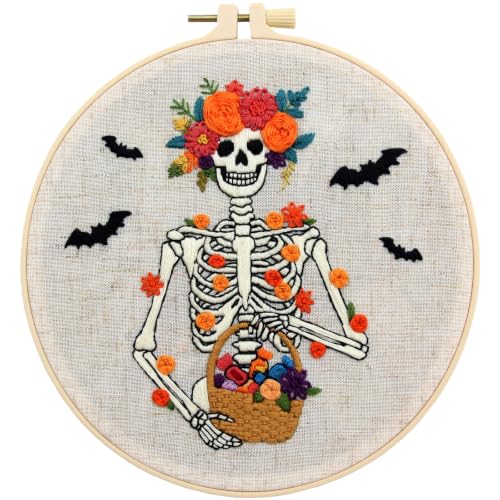 Halloween Embroidery Kits for Beginners Adults, Gothic Skeleton Embroidery Starter Kits, Halloween Cross Stitch Kits Needlepoint Kits for Adults Woman Gifts, Embroidery Hoop, Thread, Video Tutorial - color: H2101