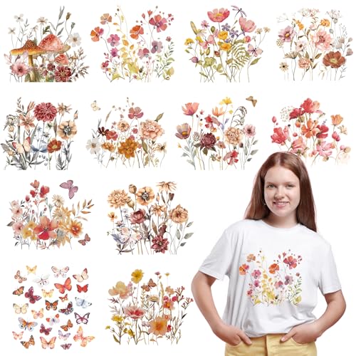 Rngmsi 12 Pcs Boho Flower DTF Transfers Ready to Press Iron on Patches - style: Boho Flower