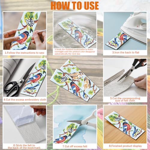 FREEBLOSS 6 Set Cross Stitch Bookmark Kit 11CT DIY Cross Stitch Kits Birds Stamped Embroidery Kit with Instructions Bookmark Making Set for Adult Beginners 8x2.4inch