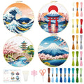 BEUNITONE 4 Pcs Embroidery Kit for Beginner, Ukiyo-e Style Landscape Wave Pattern Embroidery Materials, Cross Stitch Set with Cloth, Thread, Needle and Hoop Tools for Friendship Gift and Home Decor - style: C-Ukiyo Scenery