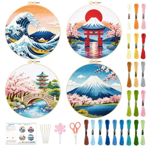 BEUNITONE 4 Pcs Embroidery Kit for Beginner, Ukiyo-e Style Landscape Wave Pattern Embroidery Materials, Cross Stitch Set with Cloth, Thread, Needle and Hoop Tools for Friendship Gift and Home Decor - style: C-Ukiyo Scenery
