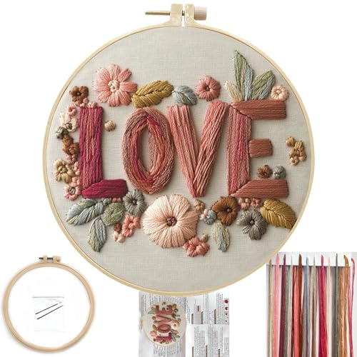 FONNUY I Love You Embroidery Kit for Beginners, Pre-Stamped Pattern Kits, Romantic Anniversary for Women Men, Valentine's Day Gifts Thread Needlework, 8'' Hoop (Love 01) - color: Love 01