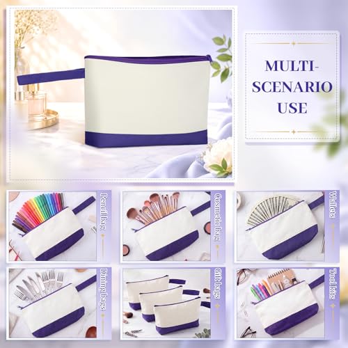 Silkfly 15 Pcs Cotton Canvas Makeup Bags Cosmetic Zipper Bags 10.2 x 5.5 x 2'' Blank DIY Pouch Bulk Pencil Case with Bottom Travel Toiletry Pouch for Women Craft Decor Gift (Beige and Purple) - color: Beige and Purple