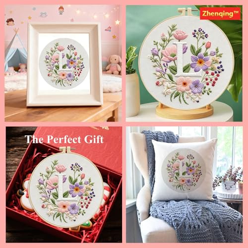 Zhenqing Letter L Embroidery Kit for Beginners, Pre-Printed 29x29cm Cotton Fabric with 20cm Hoop, Romantic Floral Monogram Design (C0096)