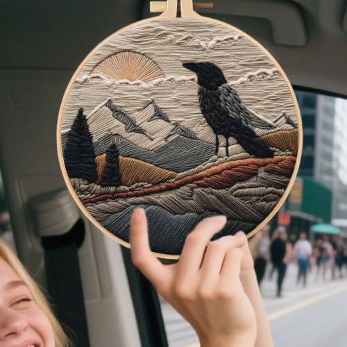 FONNUY Embroidery Kit, Featuring Crow and Landscape Patterns, Cross Stitch Kits for Both Adults and Beginners, Handmade Crafts Printed Pattern Set, Color Thread Needlework, 8'' Hoop (Fearless Bird) - color: Fearless Bird