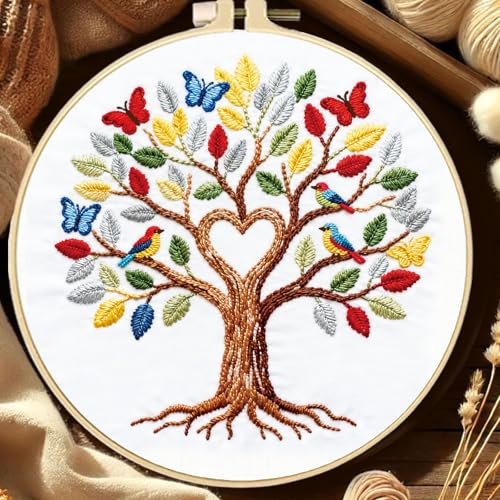 FREEBLOSS 4 Set Embroidery Kit Tree of Life Stamped Embroidery Starter Kit with Step by Step Instructions, Colored Threads, 2 Hoops, Needlepoint Kits for Hand Craft Lovers Gift, 30cm/11.8inch - style: Life Tree
