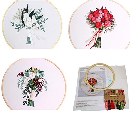 3 Sets Embroidery Starter Kit with Pattern and Instructions,Cross Stitch Beginner Kits with Frame,3 Plastic Embroidery Hoops,3 Embroidery Clothes and Color Threads (3 X Flower Pattern) - color: 3 X flower pattern