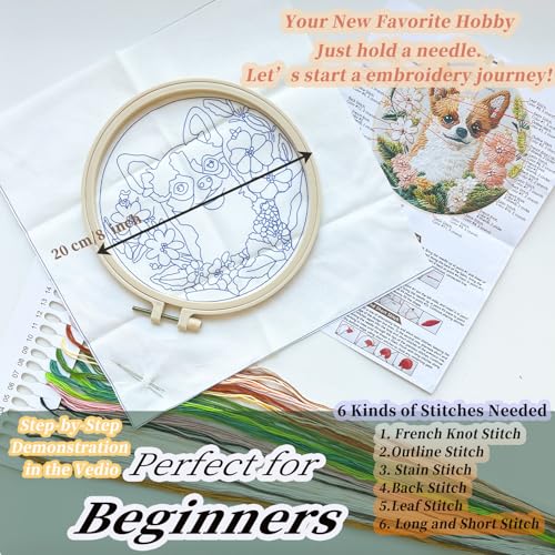 FONNUY Chihuahua Dog Floral Embroidery Kit, Cross Stitch Kits for Beginners, Handmade Crafts with Printed Patterns for Beginner Adults, Easy to Follow Color Thread Needlework, 8'' Hoop (Loyal Dog) - color: Loyal Dog