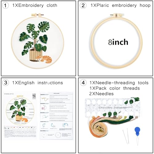 Monstera Embroidery Kits for Beginners Adults, Cat Hand Embroidery Kits, Potted Plant Cross Stitch Kits for Beginners DIY Craft Kits for Adult Women, Entire Set of Embroidery Supplies & Video Tutorial - color: H1068, size: 8Inch