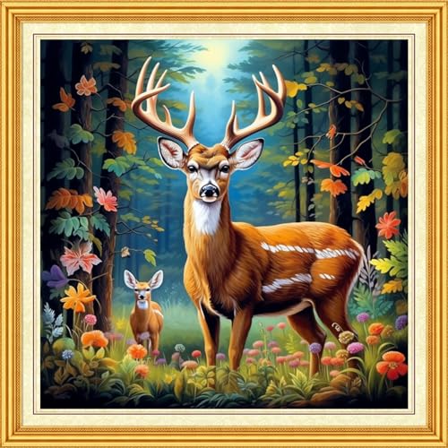 DMCVIVR Stamped Cross Stitch Kits for Beginners Adults Needlepoint Kits for Beginners Embroidery Kits for Adults Crossstitch Kit for Beginners 11CT-Forest Lucky Deer 18x18 inch, ArtKits03 - color: ArtKits03