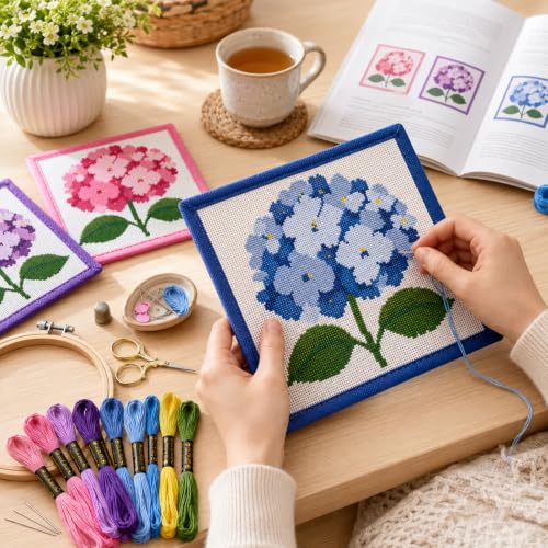 Zplontya 18 Mesh Needlepoint Canvas Kit Include Flower Printed Patterns - color: Hydrangea