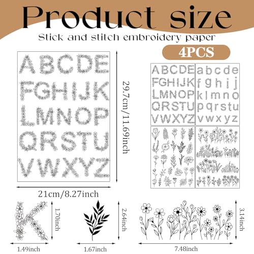 Flower Water Soluble Embroidery Patterns, 85 Pcs A-Z Alphabet Stick and Stitch Embroidery Paper Wash Away, Pre-Printed Floral Pattern Transfers, DIY Customized Gifts for Hand Sewing Lover Beginners - size: Alphabet Wildflowers