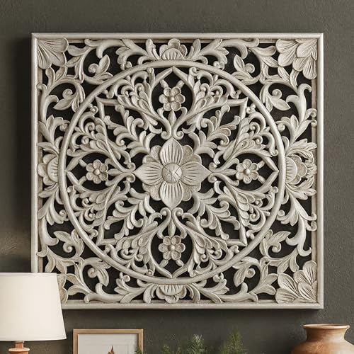 XIAOAIKA Boho Carved Wood Wall Art Panel, Floral Mandala, Distressed Silver - color: Distressed Silver