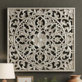 XIAOAIKA Boho Carved Wood Wall Art Panel, Floral Mandala, Distressed Silver - color: Distressed Silver