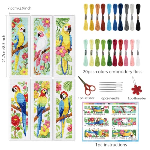 INFUNLY 6PCS Parrot Cross Stitch Bookmark Kits 3×8.5inch Bookmark Making Kit for Beginners Birds DIY Stamped Embroidery Bookmarks with Instruction for Book Lovers Reader Writers - style: Parrot
