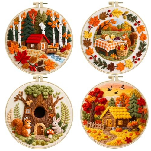 FEIYUENO 4 Pack Fall Pattern Embroidery Kit for Adults Beginner, Autumn - color: Autumn