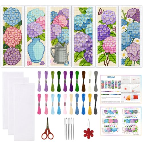 ORIGACH 6 Set Hydrangea Cross Stitch Bookmark Kit for Beginner - style: Hydrangea