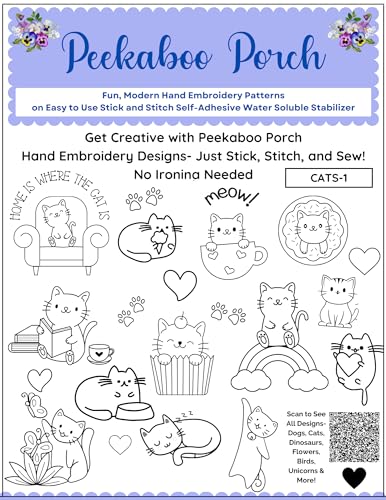 Cat Embroidery Patterns Kit - 24 Pc Fun Modern Peekaboo Porch Embroidery Design Transfers on Sulky Stick n Stitch Self Adhesive Wash Away Stabilizer for Beginners and Adults Hand Embroidery Sewing - color: Cats 1
