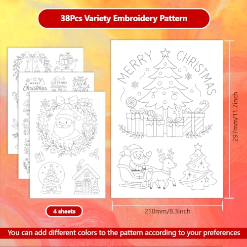 ORIGACH 4 Sheets Large Christmas Water Soluble Embroidery Stabilizers, Christmas Elements & Phrases Designs - Stick and Stitch Embroidery Paper Hand Sewing Stabilizers for Embroidery Beginners - color: Christmas Elements & Phrases
