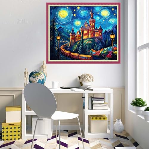 Disnesart Cross Stitch Stamped Full Embroidery Kits DIY 11CT Cotton Thread Printed DIY Needlepoint Kits Craft Needlework Set Cross-Stitch Stamped Sets-Van Gogh Starry Sky Castle 16x20 inch - color: Stylepattern04