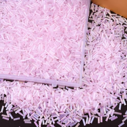 4000 Pcs Pastel Pink Glass Bugle Beads, 2 x 7 mm Embroidery Beads, Small Long Tube Seed Beads for Embroidery Craft Jewelry Making - color: Pastel Pink
