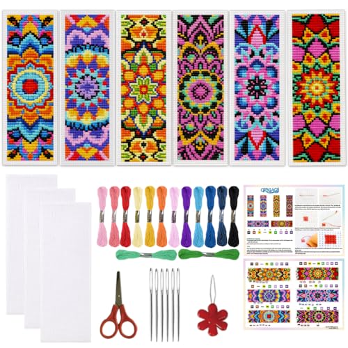 ORIGACH 6 Set Boho Mandala Cross Stitch Bookmark Kit for Beginner - style: Mandala