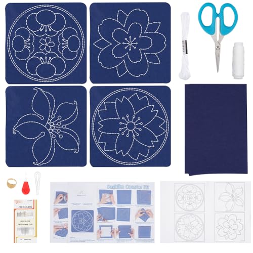 4 PCS Sashiko Coaster Kit Water-Soluble Template Handmade Coaster Japanese Embroidery Practice Project Coasters Kit for Beginners Traditional Japanese Sashiko DIY Kit with Instructions - style: Large Cherry Blossom Sashiko Coaster
