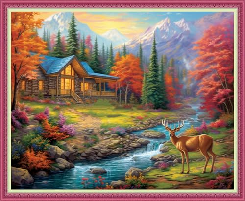 Disnesart Cross Stitch Stamped Full Embroidery Kits DIY 11CT Cotton Thread Printed DIY Needlepoint Kits Craft Needlework Set Cross-Stitch Stamped Sets-Deep Autumn Homeland 16x20 inch - color: Stylepattern16