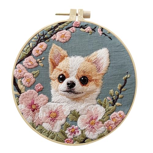 HCANPER Cute Dog Embroidery Starter Kit,DIY Needle Punch Kit, Punch Needle Kits for Beginners,Include Pre-Printed Fabric,Tools,Embroidery Hoop,Threads,Easy for Adults and Children. (Pink) - color: Pink