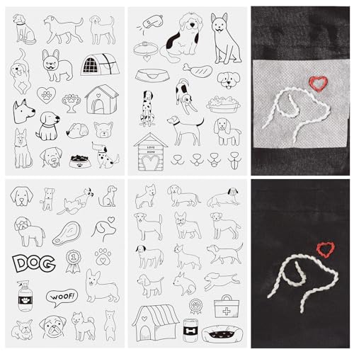 Magibeads 68 Patterns Dog Water Soluble Embroidery Patterns Puppy Paw Print Cartoon Animal Pet Stick and Stitch Transfer Embroidery Paper for Hand Sewing Beginners Starter Adult - color: Dog