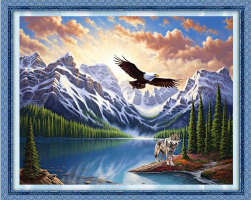 Dimensean Stamped Cross Stitch Kits Full Range of Embroidery Patterns Starter Kits for Beginners Adult DIY Cross Stitches Needlepoint Kits 11CT-Mountain River Forest Eagle 16x20 inch - color: Craftpattern60