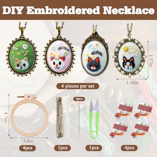 ZOCONE New 4 Packs Embroidery Necklace Kits, Embroidery Pendant Kit Mini Cross Stitch Kit with Hoop, Necklace, Pendant, Stamped Pattern Cloth, Instructions, etc., Embroidery Kits for Adults - color: I