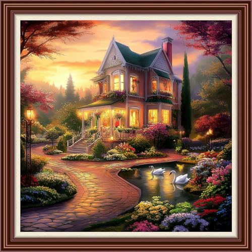 Dimxvean Counted Cross Stitch Kits for Adults,11CT Unprinted Cross-Stitch Pattern Embroidery Kit Cross Stitching Kit Supplies Needleworks Set-Beautiful Home Scenery 18x18 inchs - color: SetColor05