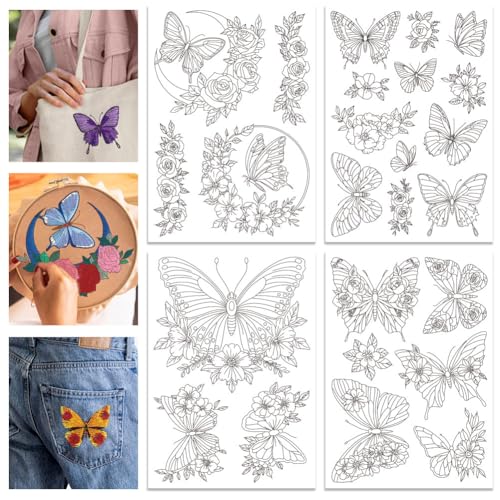 GLOBLELAND 4 Sheets Butterfly Flowers Water Soluble Embroidery Pattern - color: Butterfly